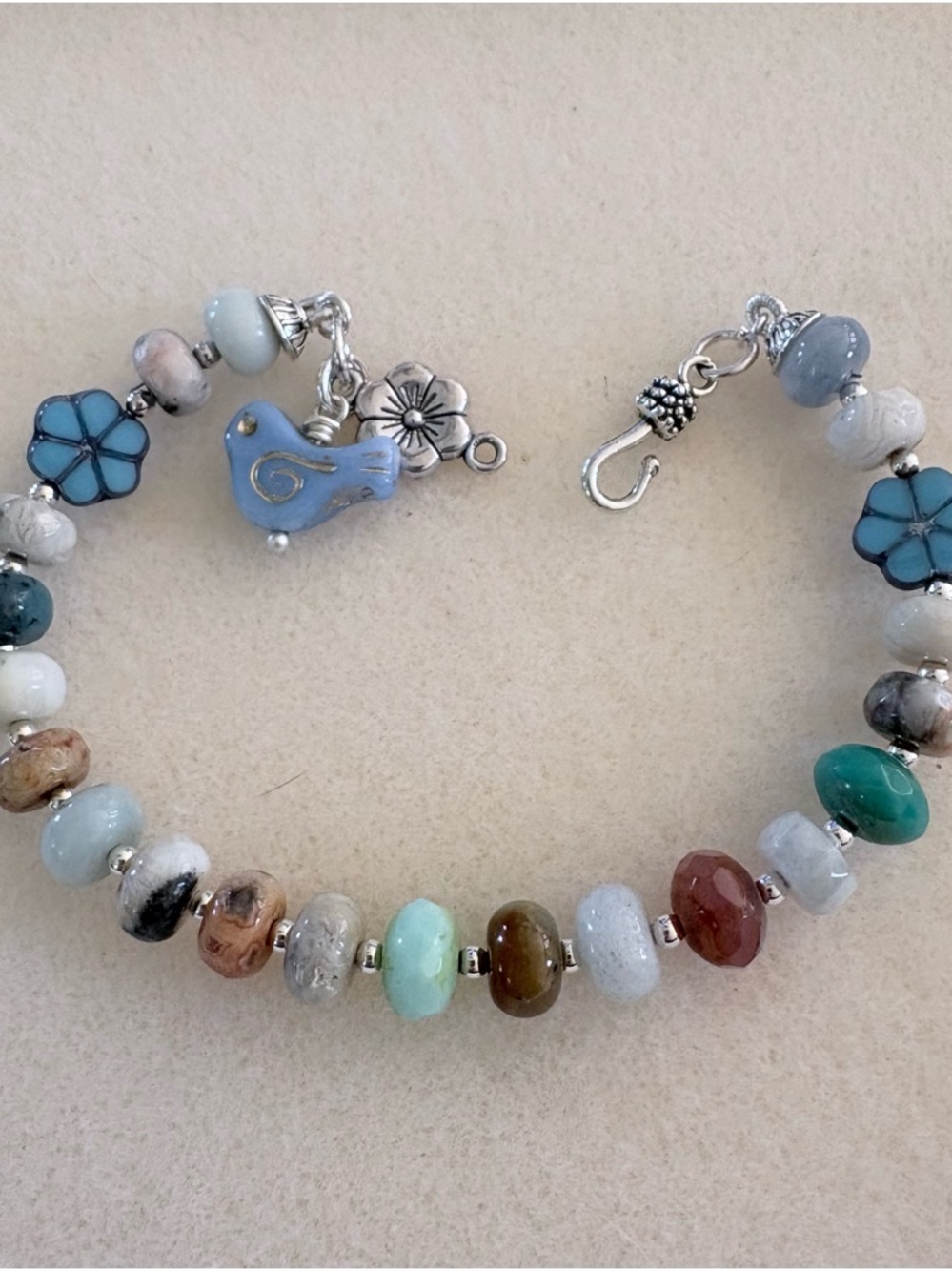Multicolor gemstone Beaded Bracelet with Blue Bird Charm Opal, moonstone, Amazon